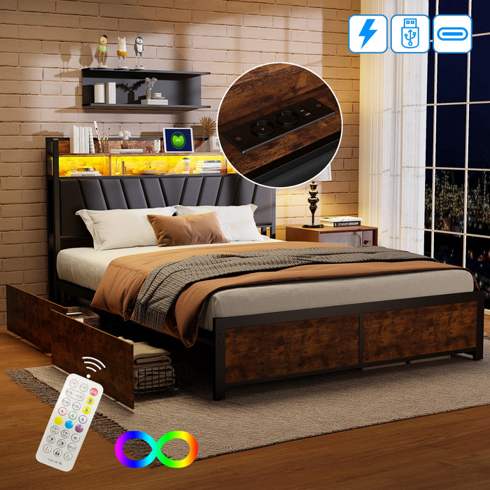 Lit double en bois noir vintage avec éclairage LED allumé dans une chambre moderne