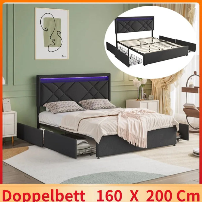 Lit double 160x200cm gris foncé avec rangement et éclairage LED