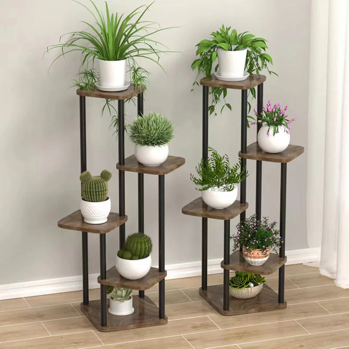 Étagère à plantes en bois 6 niveaux blanc vue de face dans un salon
