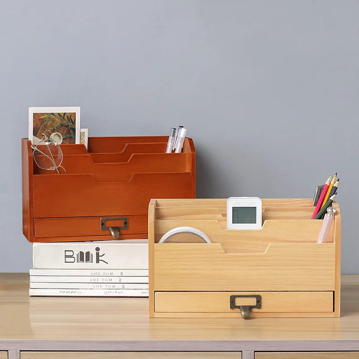 Boîte de rangement bureau en bois vert avec tiroir coulissant et compartiments