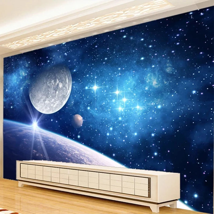 Sticker mural ciel étoilé 3D violet dans un salon moderne