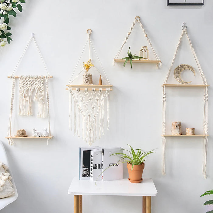 Étagère murale suspendue en macramé et bois naturel style bohème