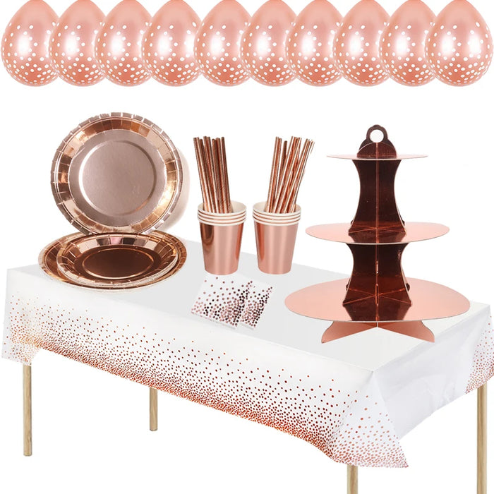 Décoration de table anniversaire adulte en or rose avec support à gâteau