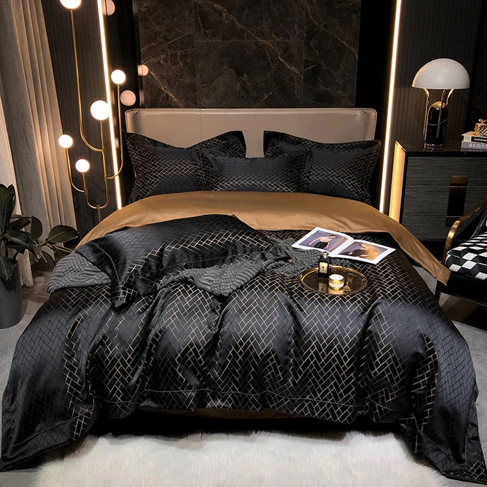 Parure de lit noire 4 pièces en coton égyptien Jacquard avec fil d'or sur un lit