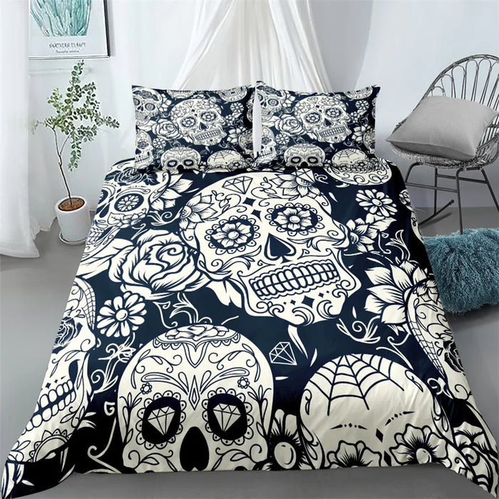 Housse de couette tête de mort 200x200 sur lit avec design gothique