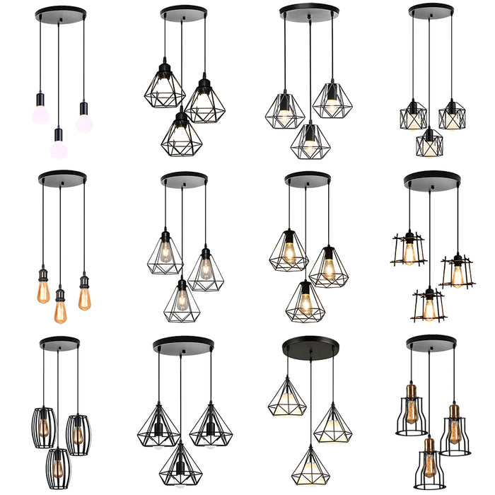 Lustre industriel moderne à 3 lumières suspension fer peint vue de face