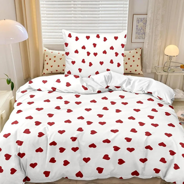 Housse de couette cœur motif esthétique blanc rouge sur lit