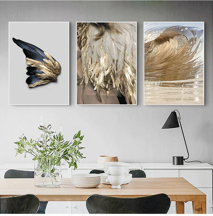 Peinture sur toile ailes d'ange abstraites en plume d'or pour salon moderne