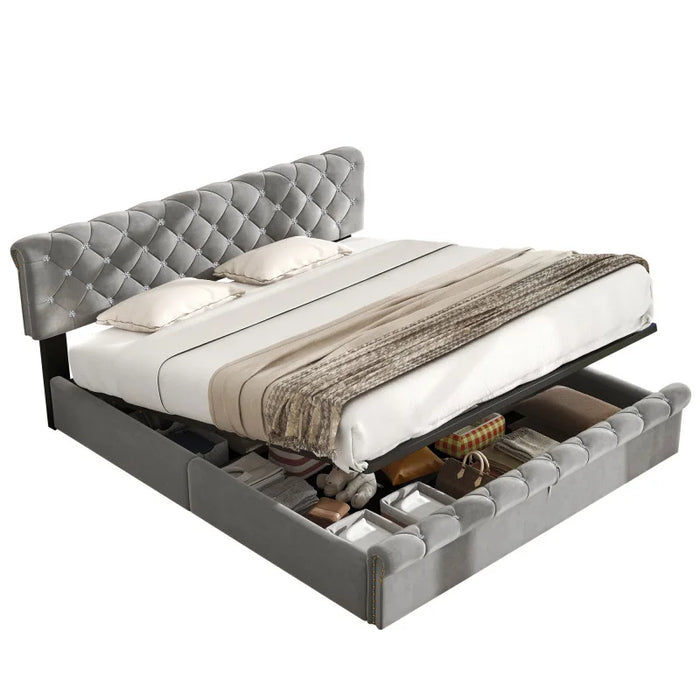 Lit capitonné 160x200 avec tête de lit en ardoise et velours gris