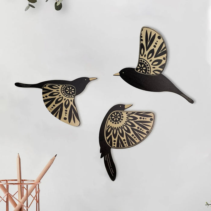 Décoration murale oiseaux noir art gothique 3 pièces vue de face