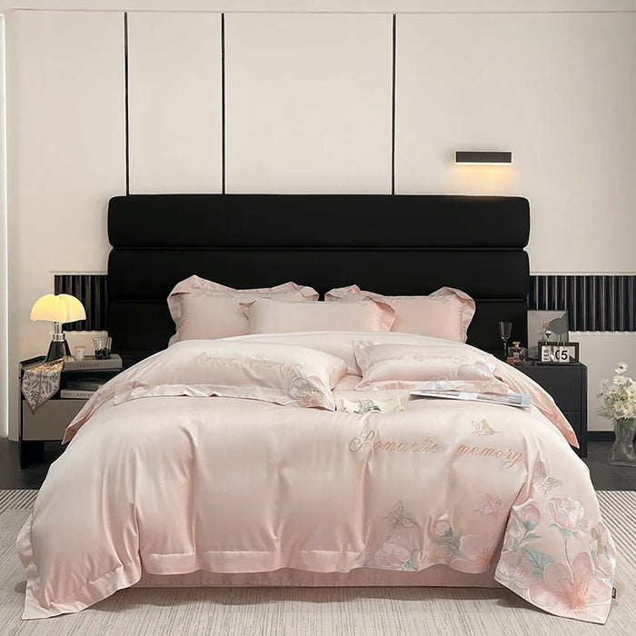 Parure de lit brodée fleurs papillons coton jaune