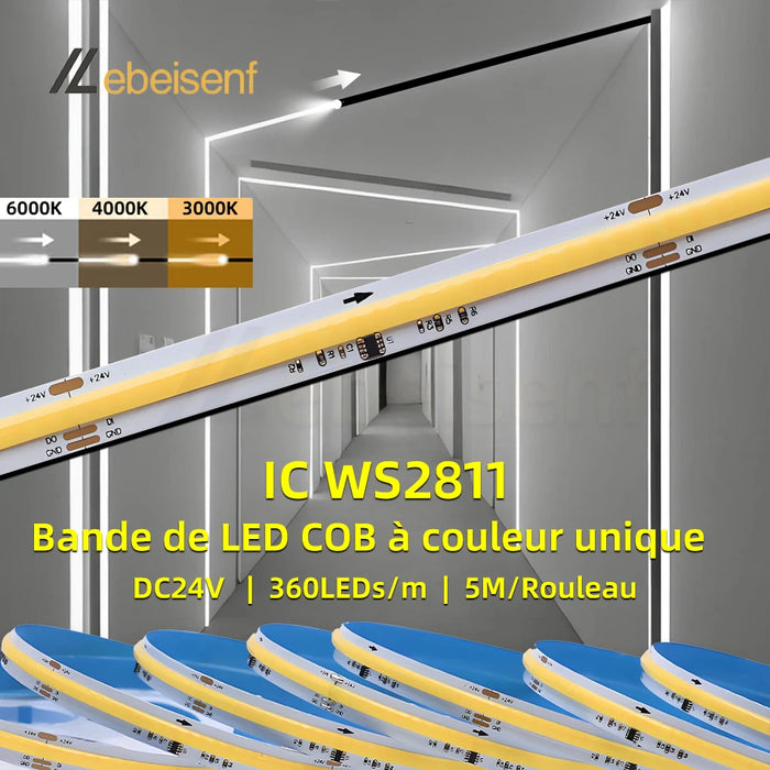 Ruban LED COB WS2811 5m 360 LEDs adressable blanc chaud salle de bain