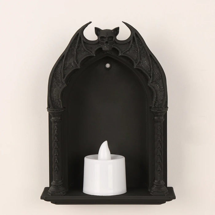 Niche murale gothique noire avec chauve-souris et crâne