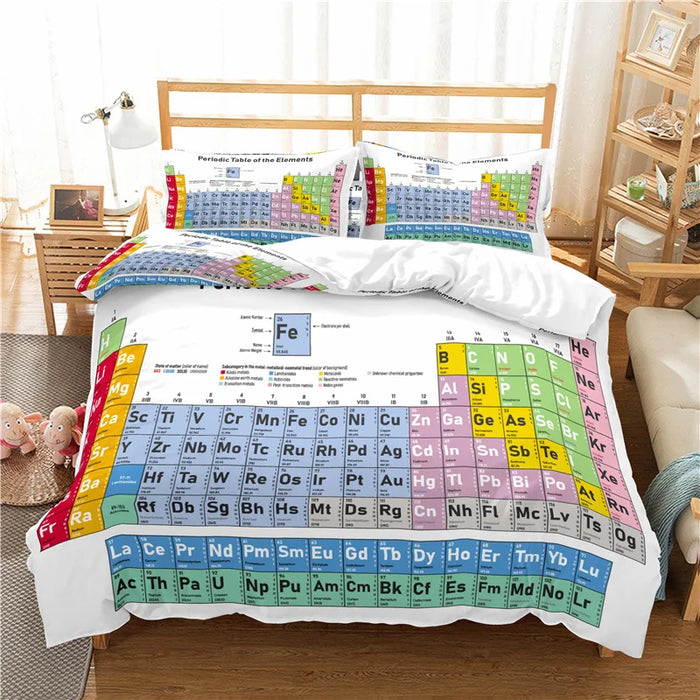 Housse de couette tableau périodique des éléments en microfibre bleue sur un lit