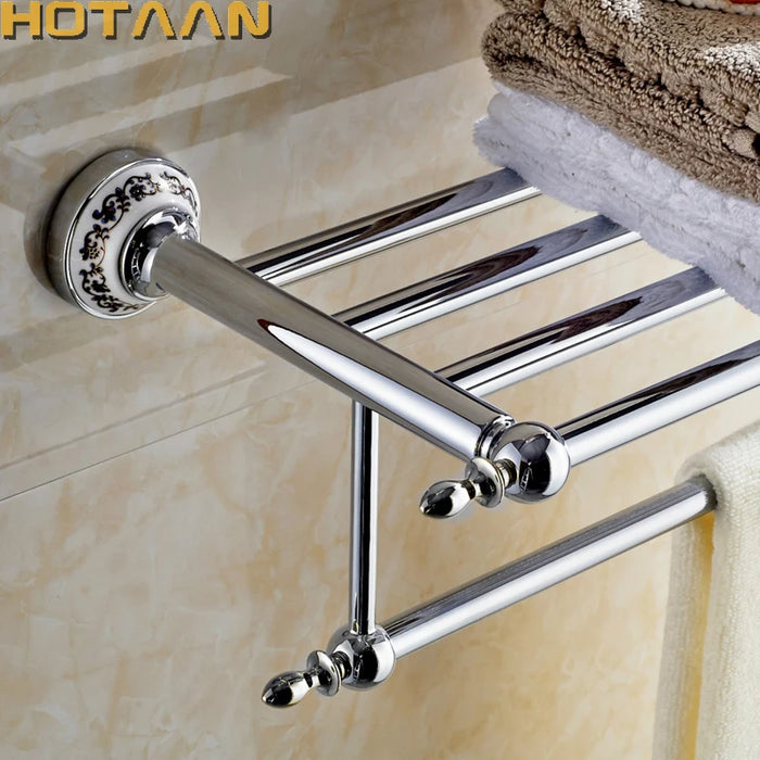 Porte-serviettes mural chromé en acier inoxydable avec double étagère