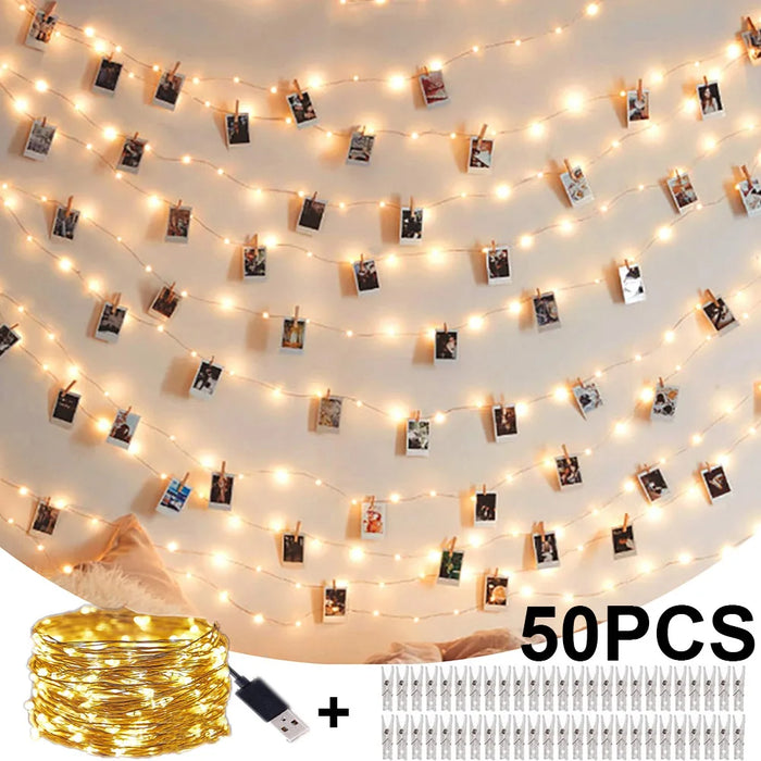 Guirlande lumineuse photo LED USB avec clips sur un mur