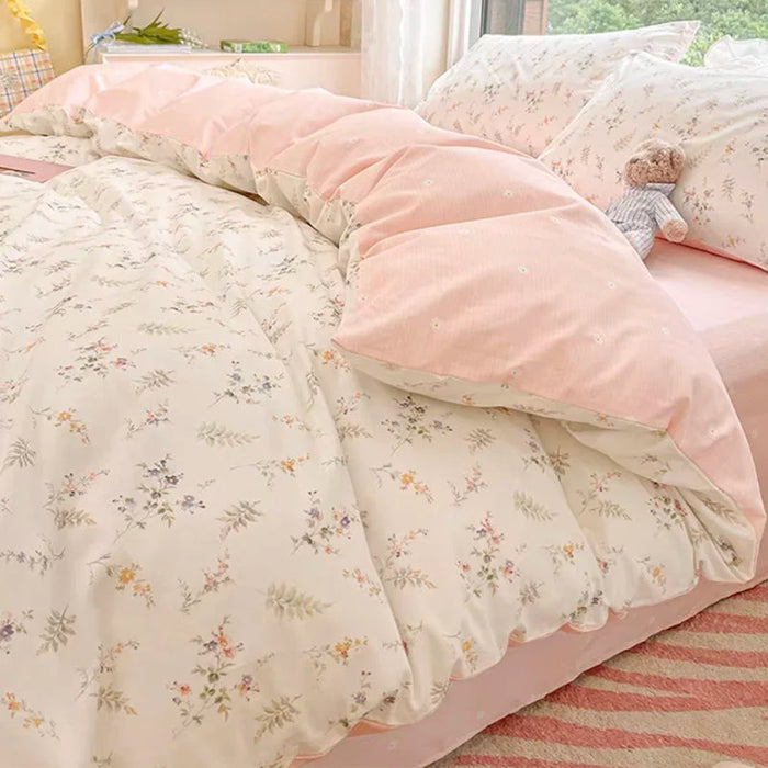 Parure de lit fleurs roses 4 pièces housse couette drap plat taies oreiller