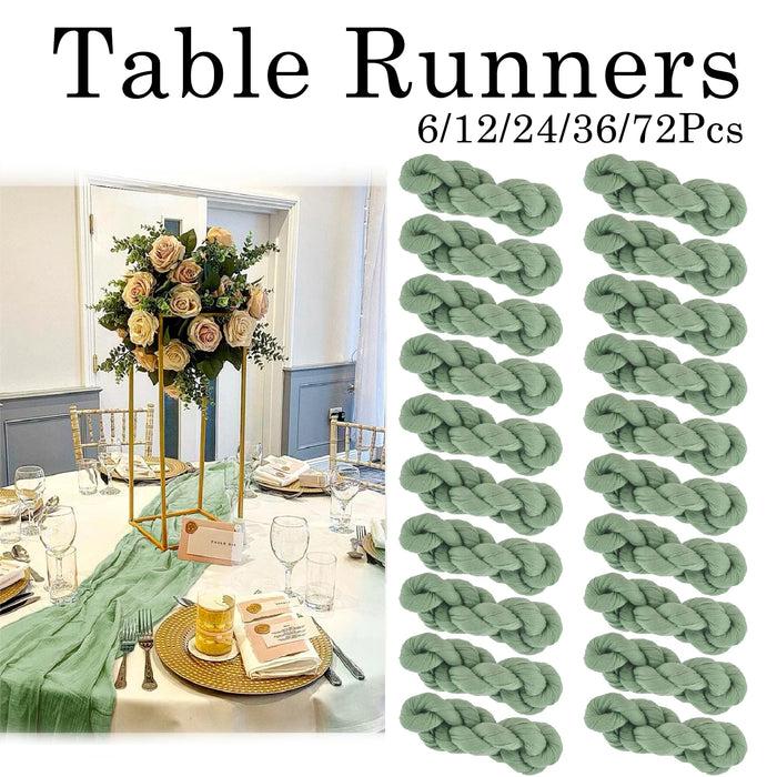 Chemin de table en gaze vert sauge bohème sur table de mariage