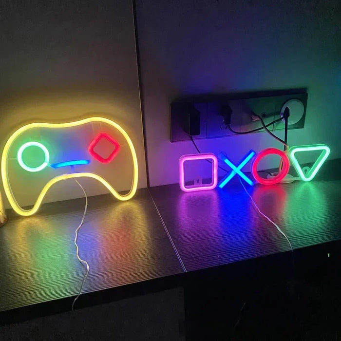 Lampe néon LED en forme de manette de jeu allumée en bleu
