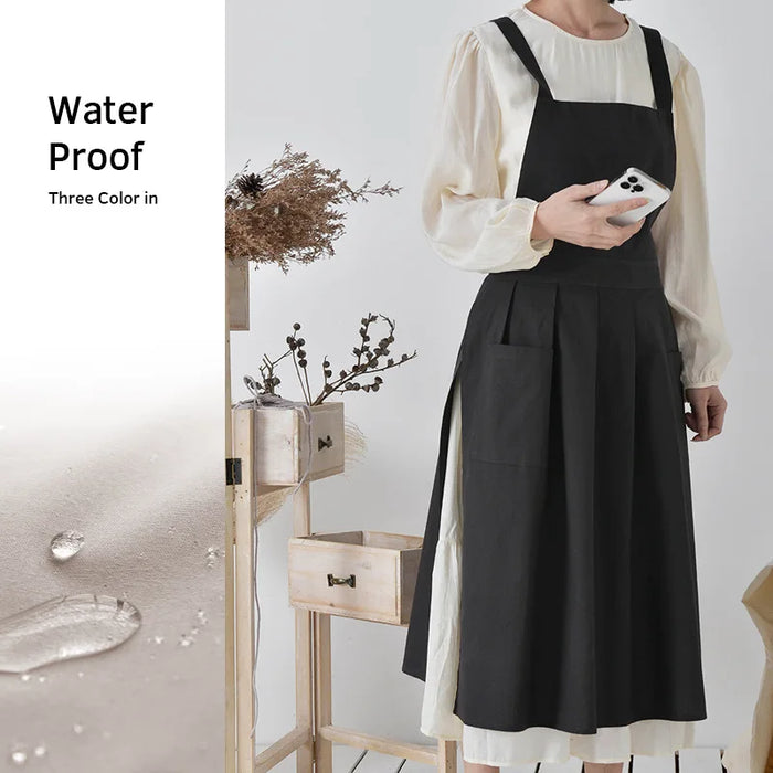 Tablier de cuisine femme imperméable en coton et lin style coréen couleur blanc