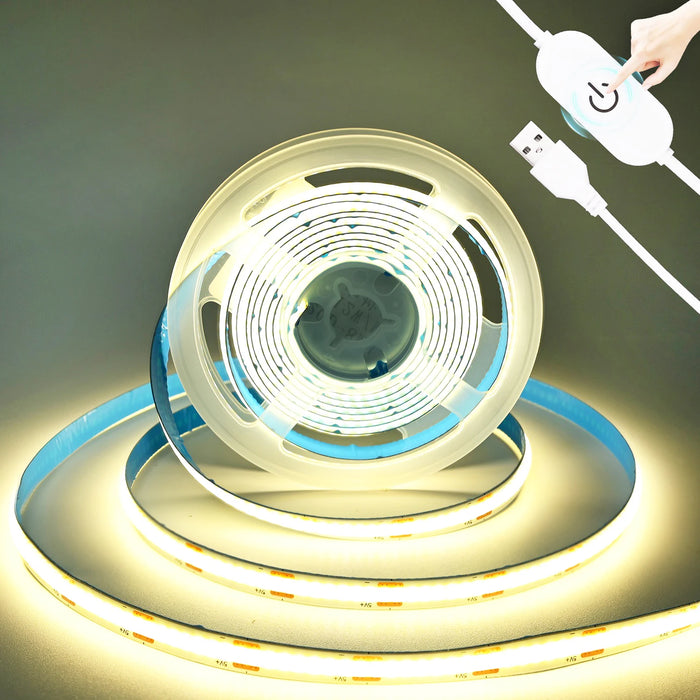 Ruban LED COB 5V avec variateur tactile USB allumé en blanc chaud