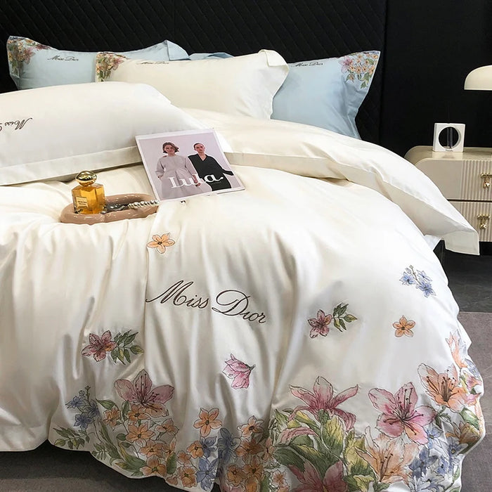 Parure de lit en coton égyptien brodée de fleurs blanc 160x200