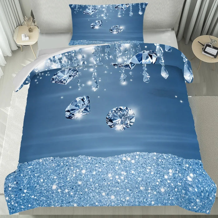 Parure de lit bleu foncé impression 3D diamant brillant sur lit King