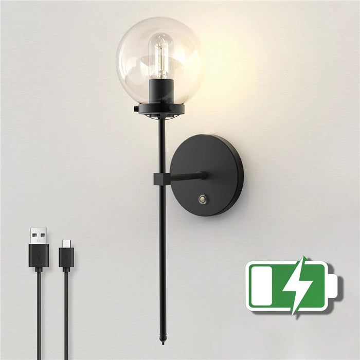 Applique murale LED rechargeable avec boule de verre en métal noir