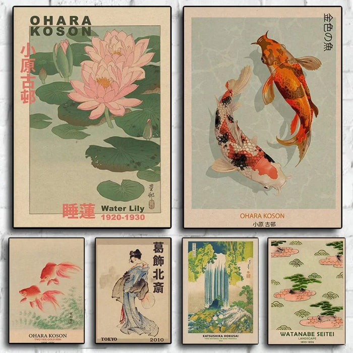 Affiche d'art japonais vintage Hokusai Koson sur toile dans un salon moderne