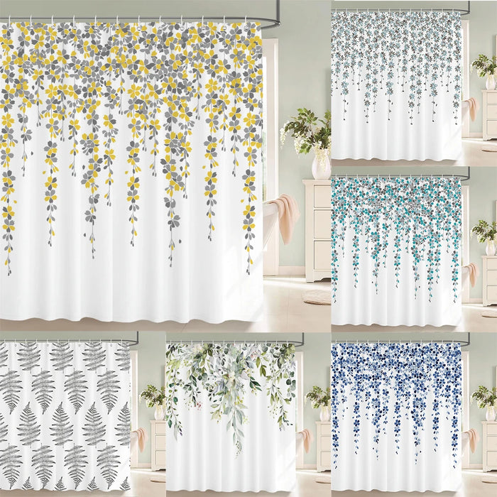 Rideau de douche imprimé 3D avec motif petites feuilles et fleurs fraîches vert