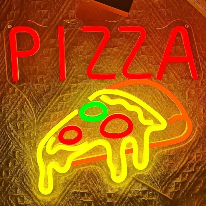 Enseigne au néon pizza tranche jaune fromage dégoulinant éclairage LED