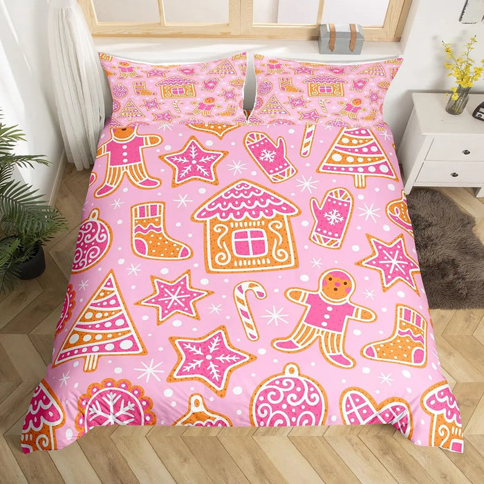 Housse de couette Noël rose bonhomme pain d'épice sur lit
