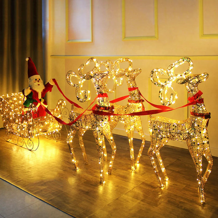 Traîneau de Noël renne doré avec LED en fer