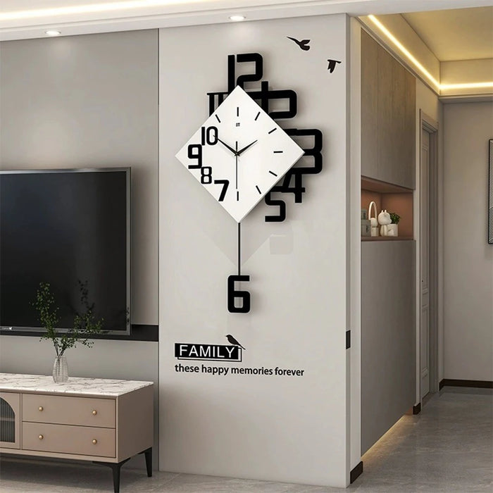 Horloge murale moderne avec pendule en blanc sur un mur de salon