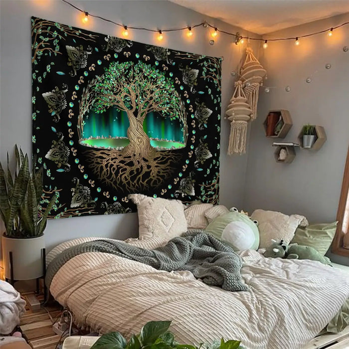Tapisserie murale arbre de vie verte pour chambre à coucher