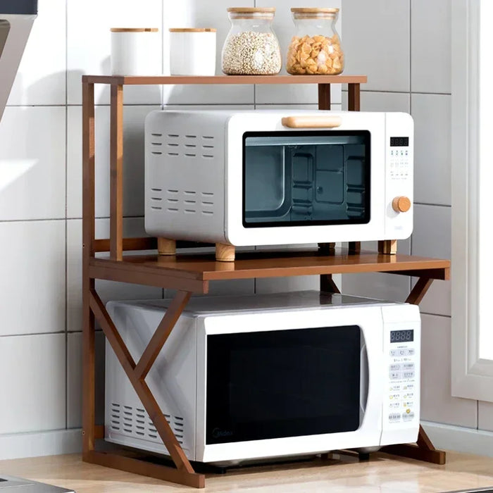 Support micro-ondes bambou double étagère vue avant