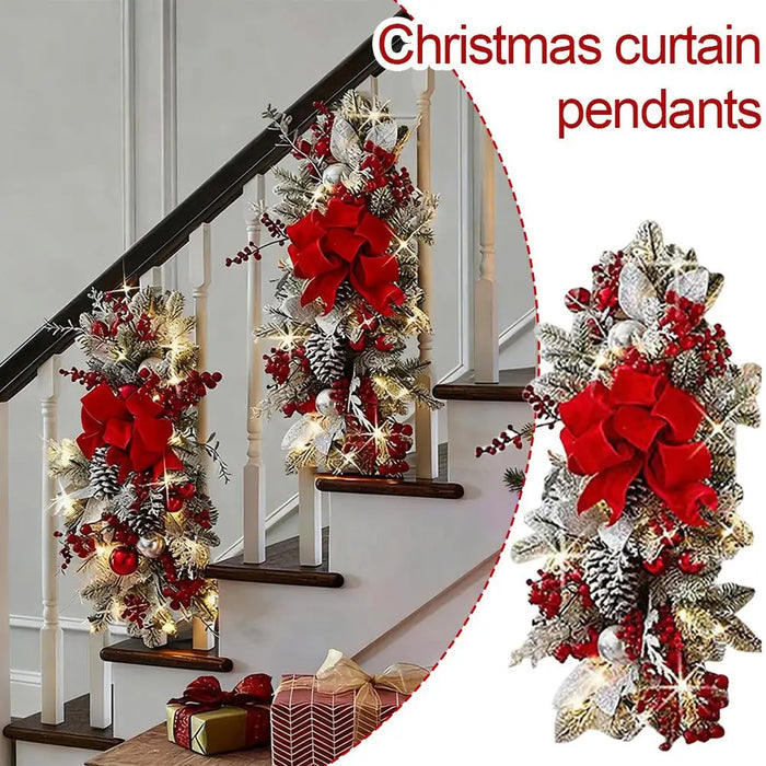 Guirlande de Noël pour escalier avec lumières et nœuds rouges