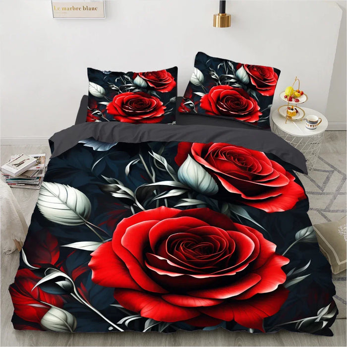 Housse de couette 140x200 fleurs rouges 3D avec taie d'oreiller