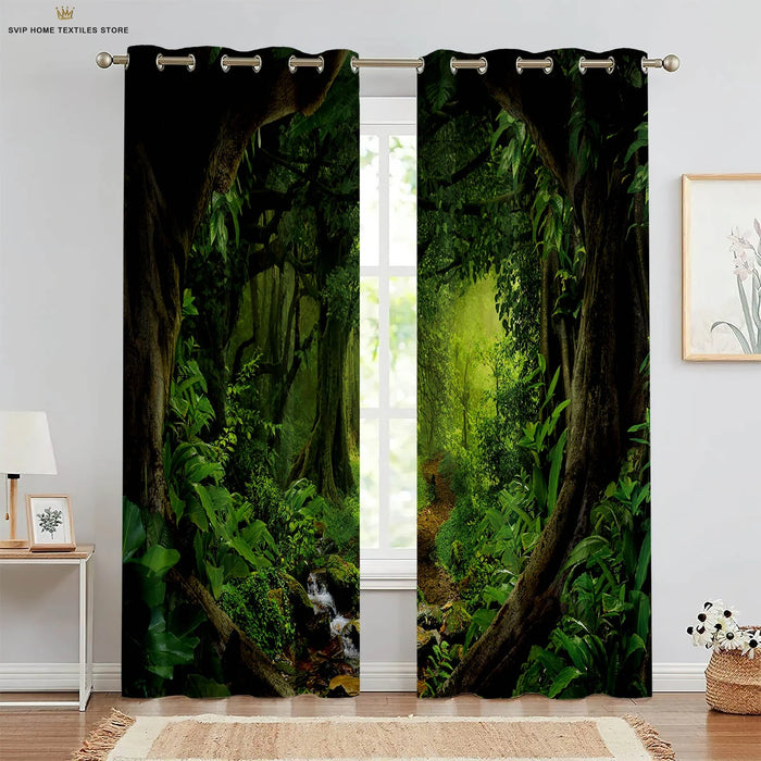Rideau imprimé 3D paysage forêt vert dans un salon moderne