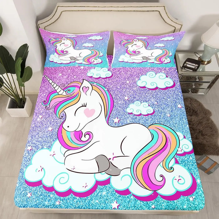 Housse de couette licorne arc-en-ciel pour fille sur lit