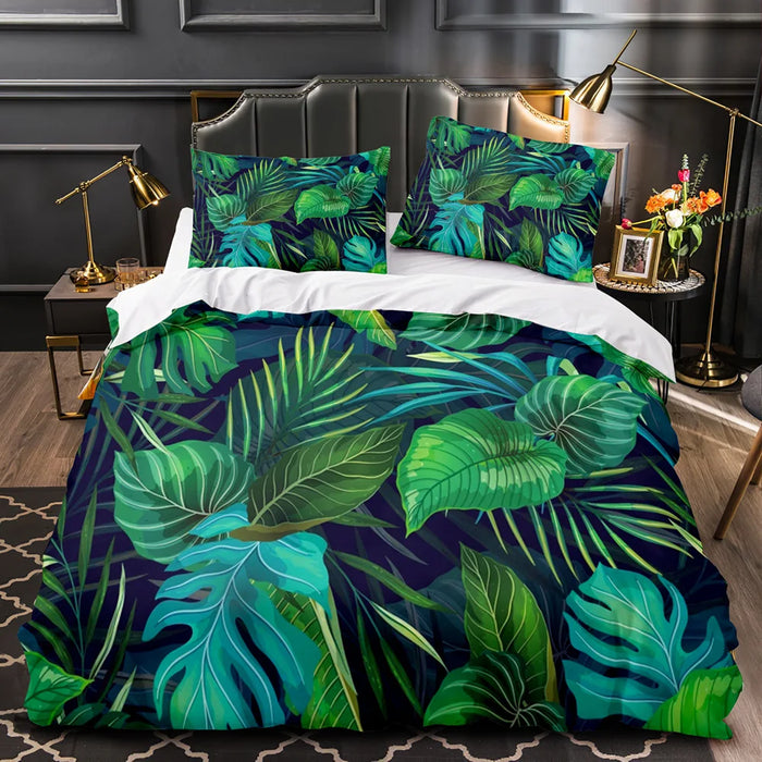 Housse de couette tropicale feuilles vertes sur lit queen