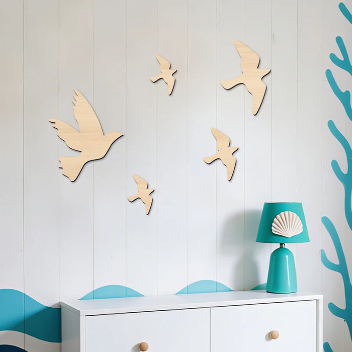 Panneau mural oiseaux volants en bois 5 pièces vue d'ensemble