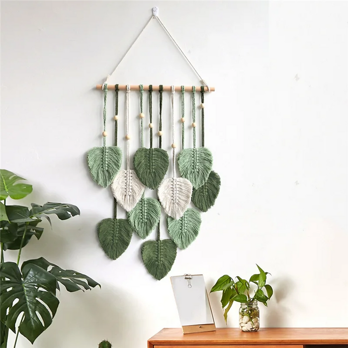 Tapisserie murale macramé vert feuilles tissée main décoration bohème