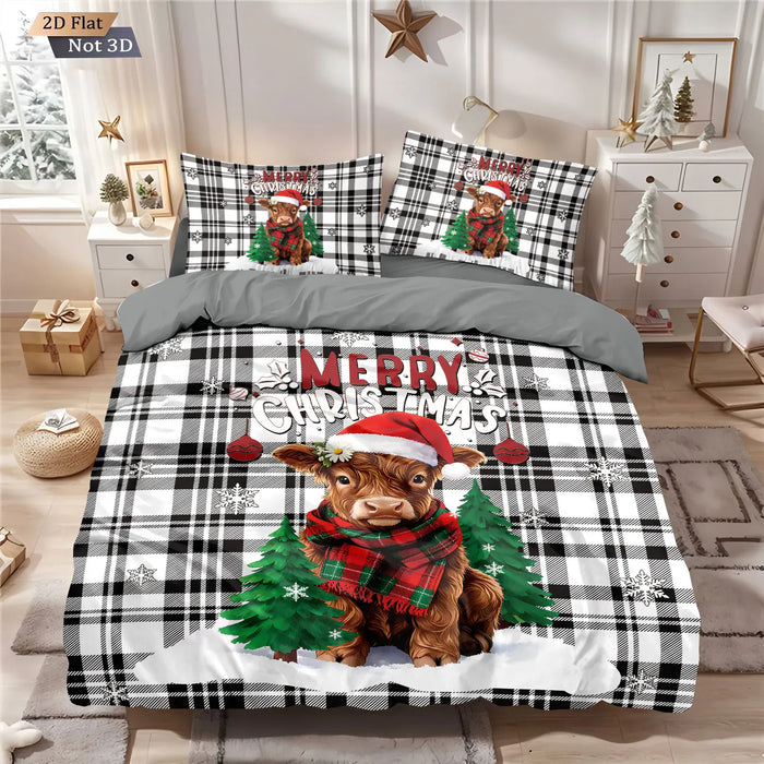 Parure de lit de Noël imprimée vache des Highlands à carreaux sur un lit