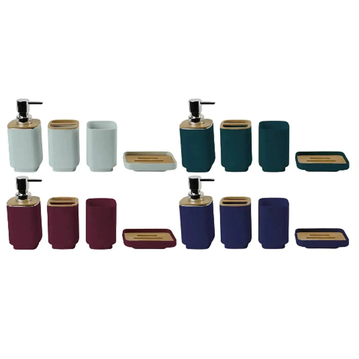 Kit accessoires salle de bain bambou 4 pièces vue d'ensemble