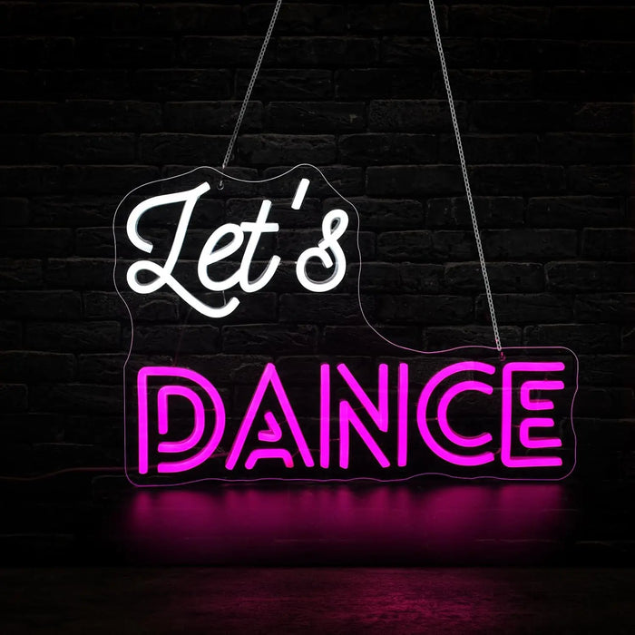 Enseigne néon LED Let's Dance allumée dans une chambre adulte