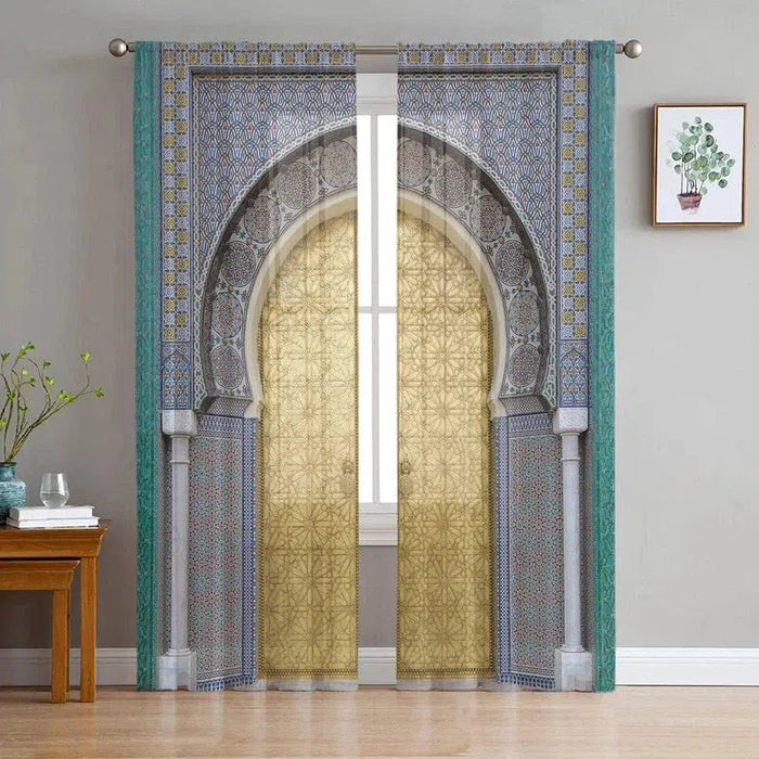 Rideaux à motif oriental avec arche marocaine pour décoration intérieure. Design élégant et original pour salon ou chambre. Idéal pour ajouter une touche d'exotisme et de sophistication à votre espace de vie. Compatible avec différents styles de décoration. Parfait pour créer une ambiance chaleureuse et accueillante.