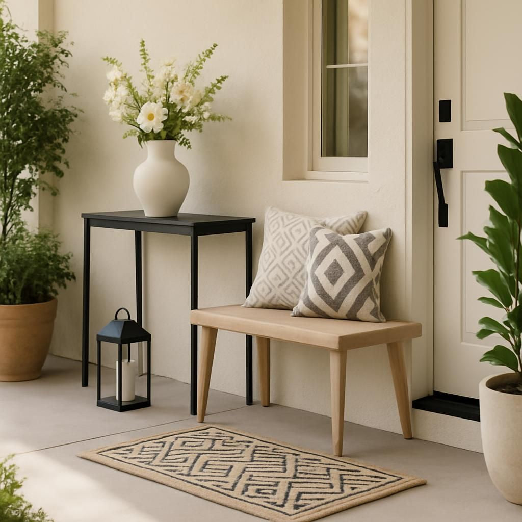 Aménagement de porche d'entrée avec plantes et mobilier d'extérieur