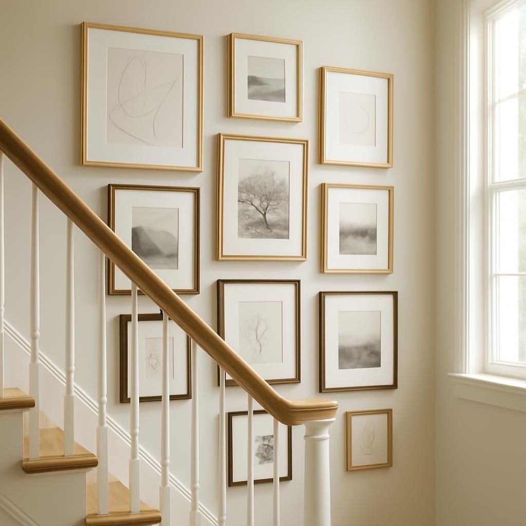 Disposition de cadres décoratifs dans une cage d'escalier pour embellir l'entrée