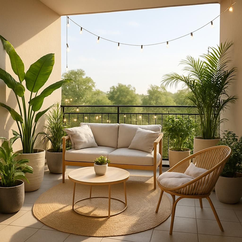 Décoration de balcon avec des plantes et mobilier extérieur pour un espace convivial